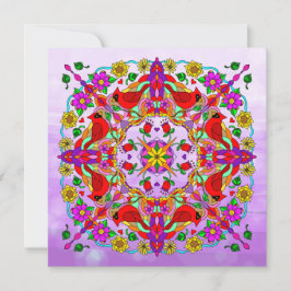 Tarjeta Pensando en ti, cardenal y flores Mandala