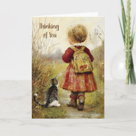 Tarjeta Pensando en Ti Chica con Gato Paseo de Otoño Vinta