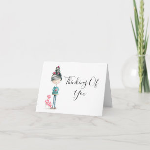 Tarjeta "Pensando en ti" Chica de Boho con pájaro