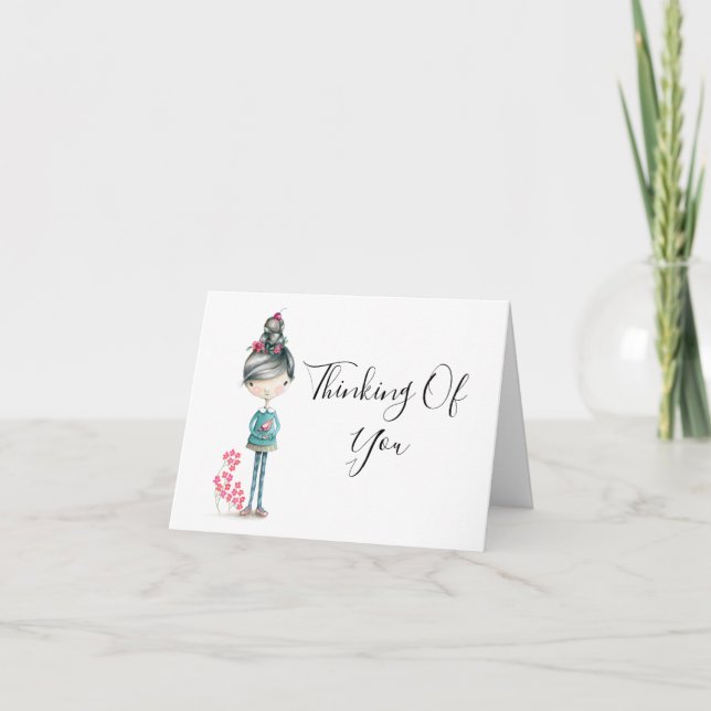 Tarjeta "Pensando en ti" Chica de Boho con pájaro (Anverso)