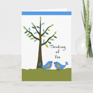 Tarjeta Pensando en ti con dos aves azules y un árbol