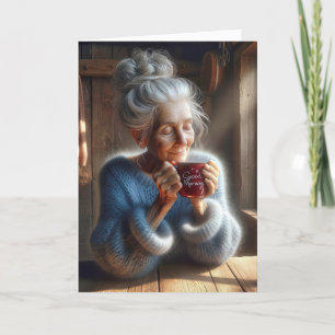 Tarjeta Pensando en ti, dulce anciana con tazón de café