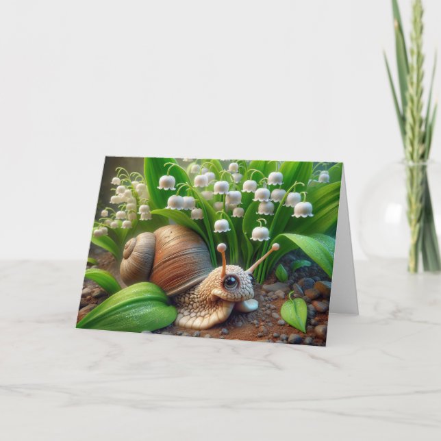 Tarjeta Pensando en ti en el caracol en un jardín (Anverso)