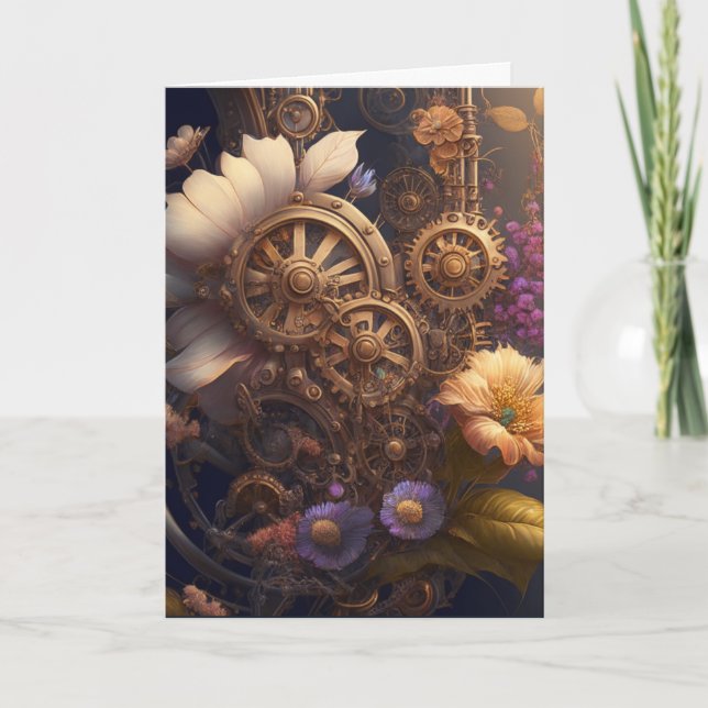 Tarjeta Pensando en ti, engranajes y flores de Steampunk (Anverso)