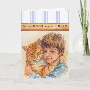 Tarjeta Pensando en ti, enviando abrazos niño y gato