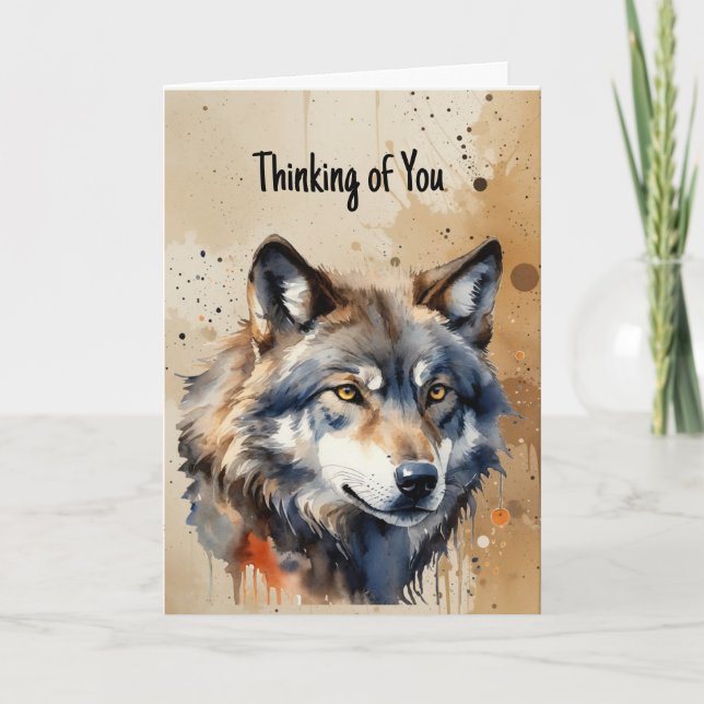 Tarjeta Pensando en ti fanático de la acuarela lobo (Anverso)