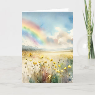 Tarjeta Pensando en ti flores silvestres y arcoiris soñado
