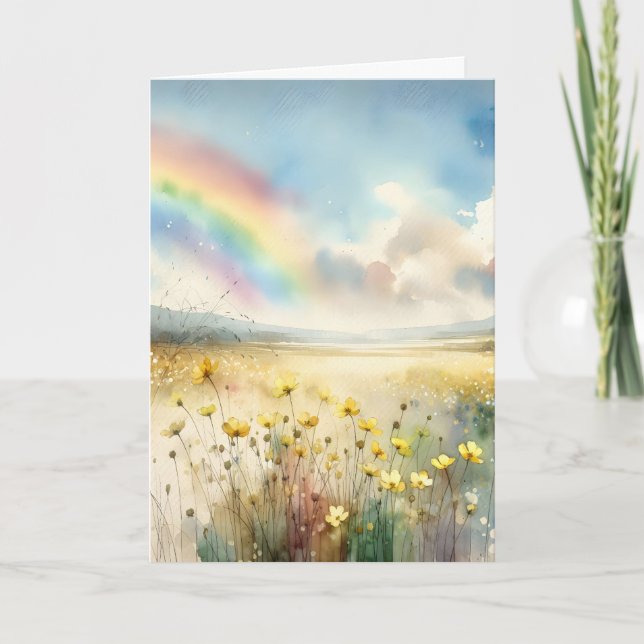 Tarjeta Pensando en ti flores silvestres y arcoiris soñado (Anverso)