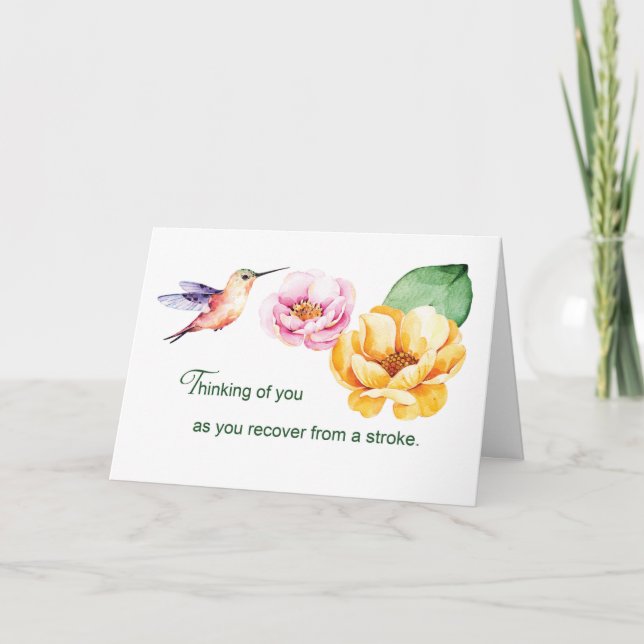 Tarjeta Pensando en ti flores y colibrí (Anverso)
