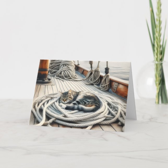 Tarjeta Pensando en ti gato atigrado durmiendo sobre cuerd (Anverso)