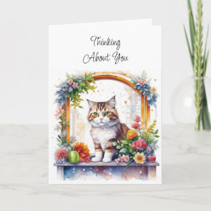 Tarjeta Pensando En Ti   Gato en la ventana con flores