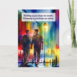 Tarjeta Pensando en ti, hombres gay, mano a mano arcoiris