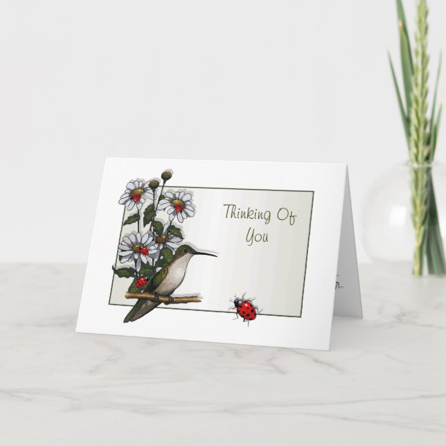 Tarjeta Pensando En Ti: Hummingbird, Daisies, Ladybugs (Anverso)