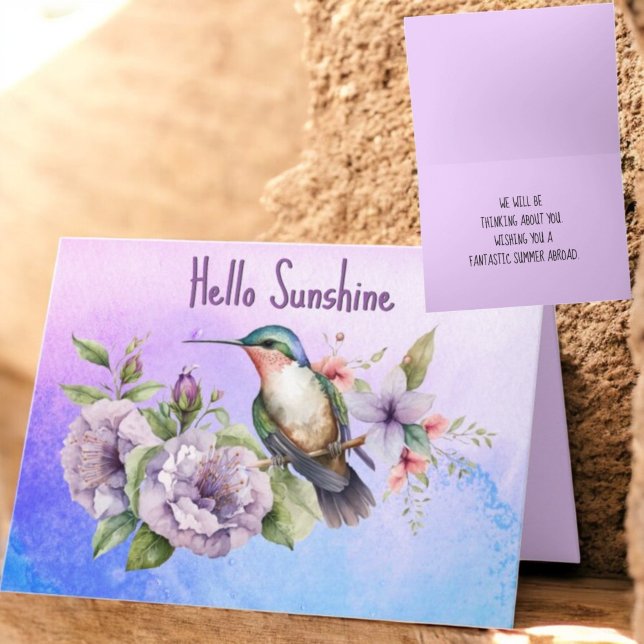 Tarjeta Pensando en ti Hummingbird y Personalizado floral (greeting card front and inside with template text)