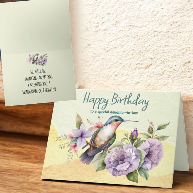 Tarjeta Pensando en ti Hummingbird y Personalizado floral (Cover and inside design of folded greeting card)