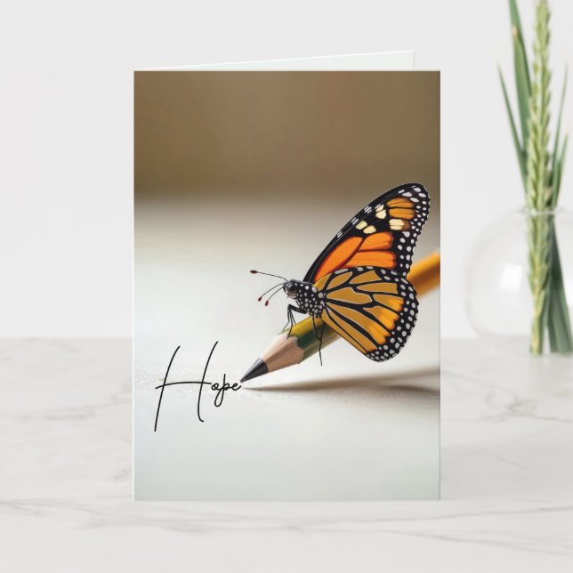 Tarjeta Pensando en Ti Mariposa Monarca en un Lápiz (Anverso)