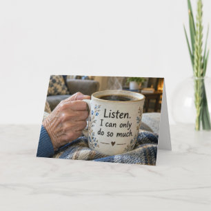 Tarjeta Pensando en Ti Mujer con una Taza de Café en la Ma