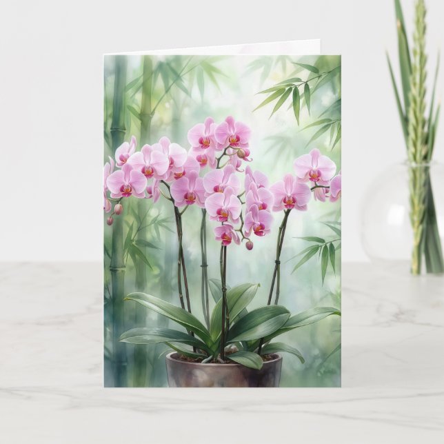 Tarjeta Pensando en Ti Orquídeas Rosadas Sobre Bambú Verde (Anverso)