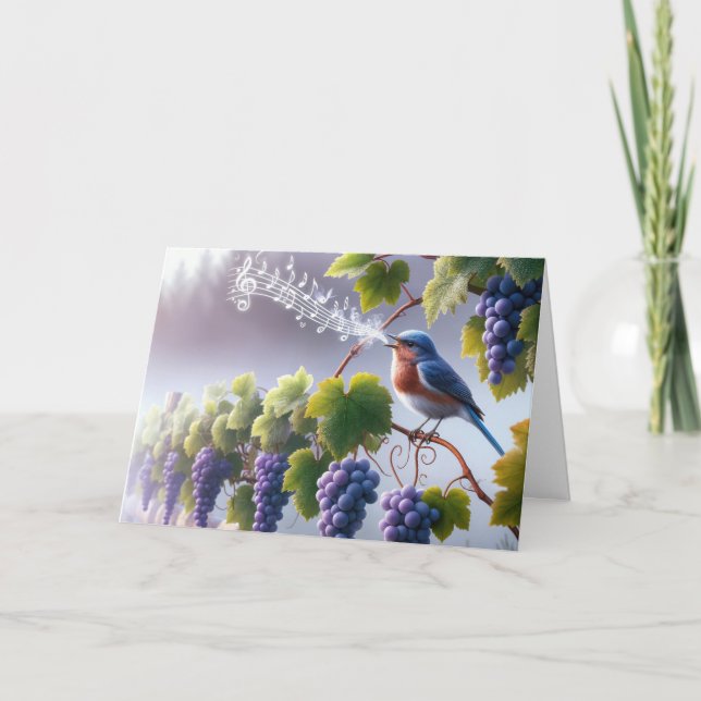 Tarjeta Pensando en ti pájaro azul en un grapevino (Anverso)