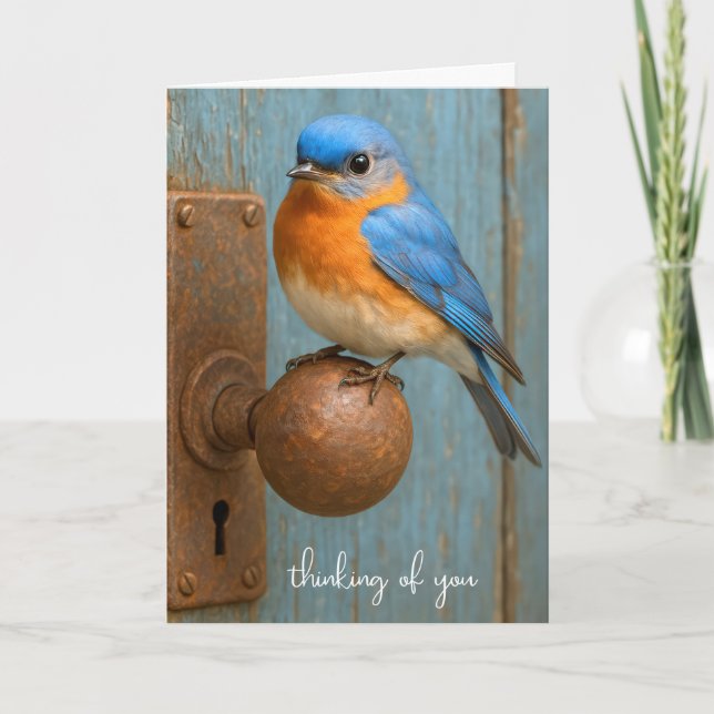 Tarjeta Pensando en ti pájaro azul en un ruidoso pomo de p (Anverso)