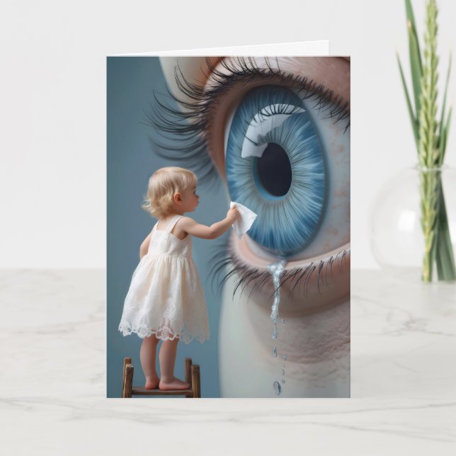 Tarjeta Pensando en ti, pequeña niña tejiendo lágrimas (Anverso)