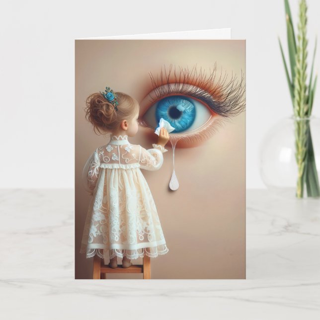 Tarjeta Pensando en ti, pequeña niña tejiendo lágrimas (Anverso)