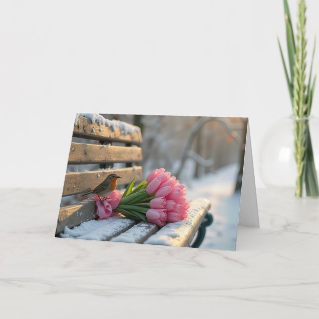 Tarjeta Pensando en ti Robin de primavera con tulipanes ro (Anverso)