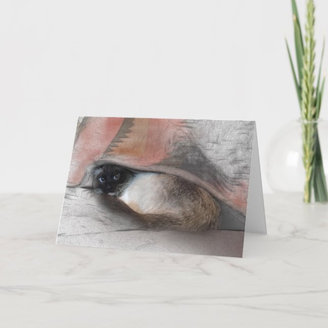 Tarjeta Pensando en ti un simpático boceto siamés y de man (Anverso)