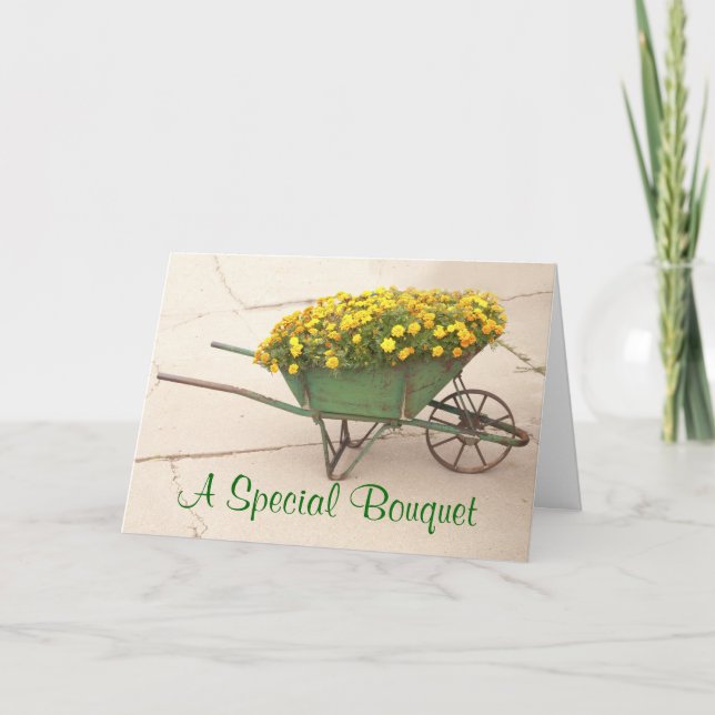 Tarjeta Pensando en ti vintage Wheelbarrow of Marigolds  (Anverso)