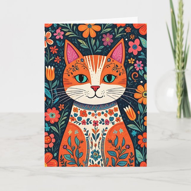 Tarjeta Pensando En Tu Amigo | Gato de arte popular (Anverso)