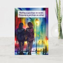 Tarjeta Pensando en tu pareja lesbiana en el arcoiris gay