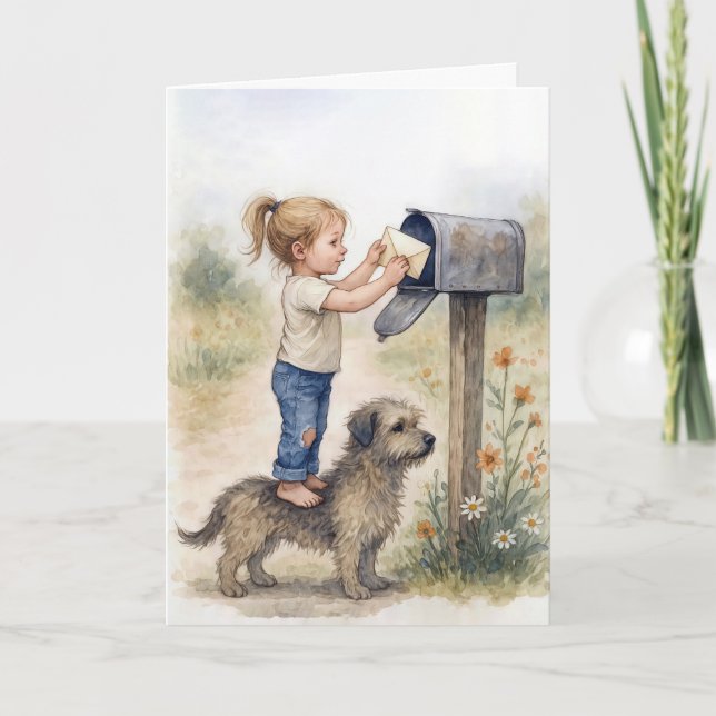 Tarjeta Pensando en tu pequeña niña que maneja una carta (Anverso)