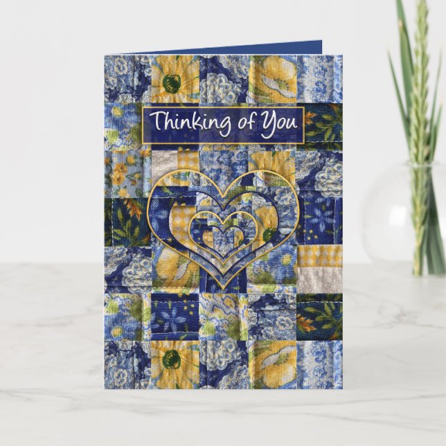 Tarjeta Pensando en usted, el cuadrado del edredón, azul (Anverso)
