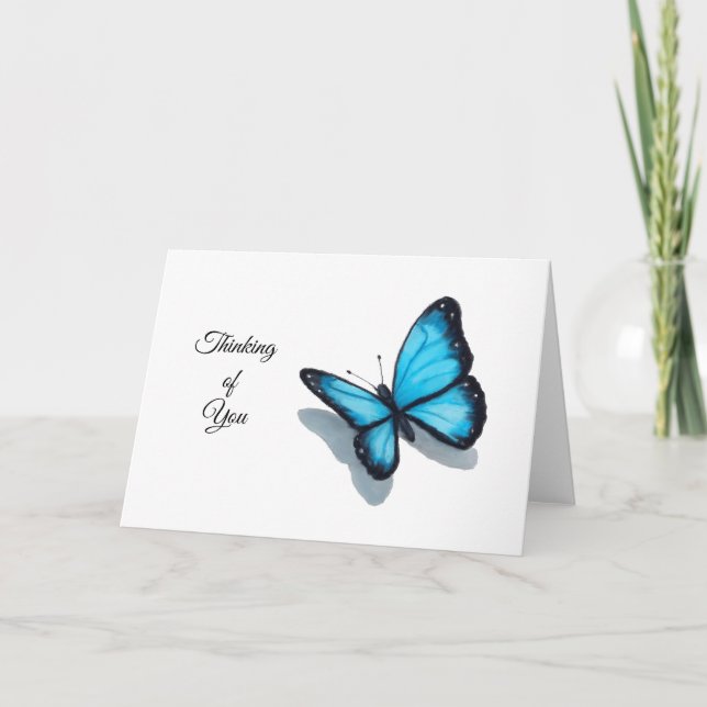 Tarjeta Pensando en usted, mariposa azul, arte del lápiz (Anverso)