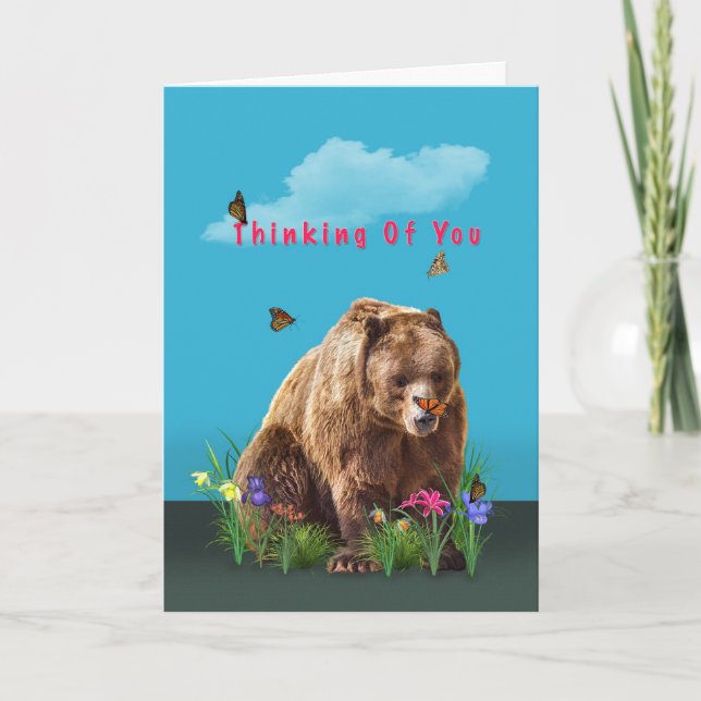 Tarjeta Pensando en usted tarjeta, oso y mariposas (Anverso)