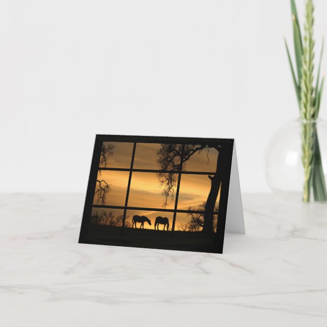 Tarjeta Pensando en ustedes caballos en la ventana de la p (Anverso)