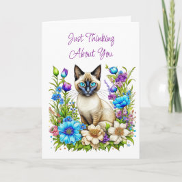 Tarjeta Pensar en ti | Gato siamés en las flores