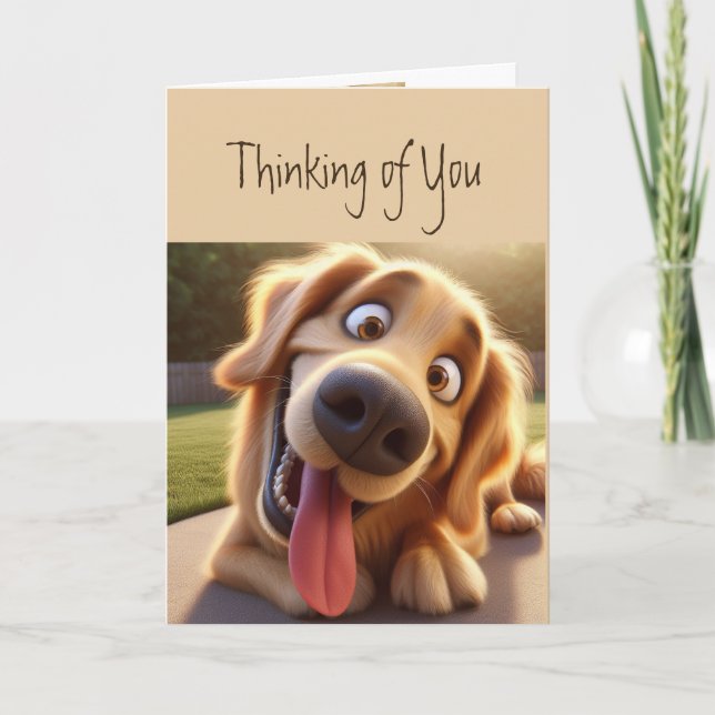 Tarjeta Pensar en ti me hace feliz perro divertido (Anverso)