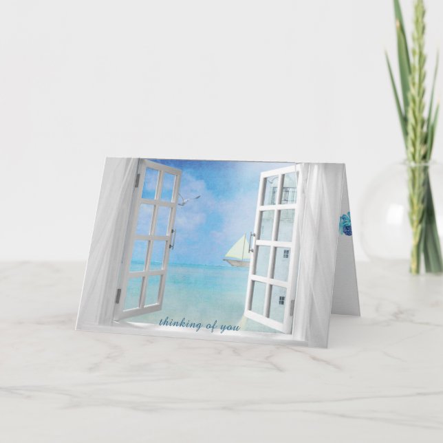 Tarjeta pensar en una ventana abierta con faro blanco (Anverso)