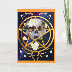 Tarjeta Pentagram-Cráneo-Blanca de los rosas del