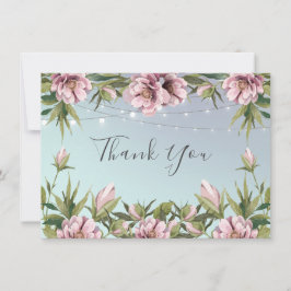 Tarjeta Peonía rosa simple, luces de cadena boda gracias