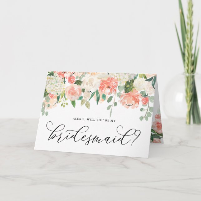 Tarjeta Peony e Hydrangea serán mi dama de honor (Anverso)