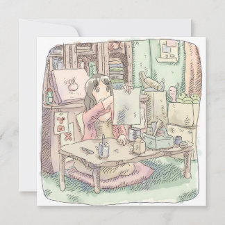 TARJETA PEQUEÑA さなししじ  部屋で茶色い机の前に座って書き上げた紙を持っている女性のイラスト