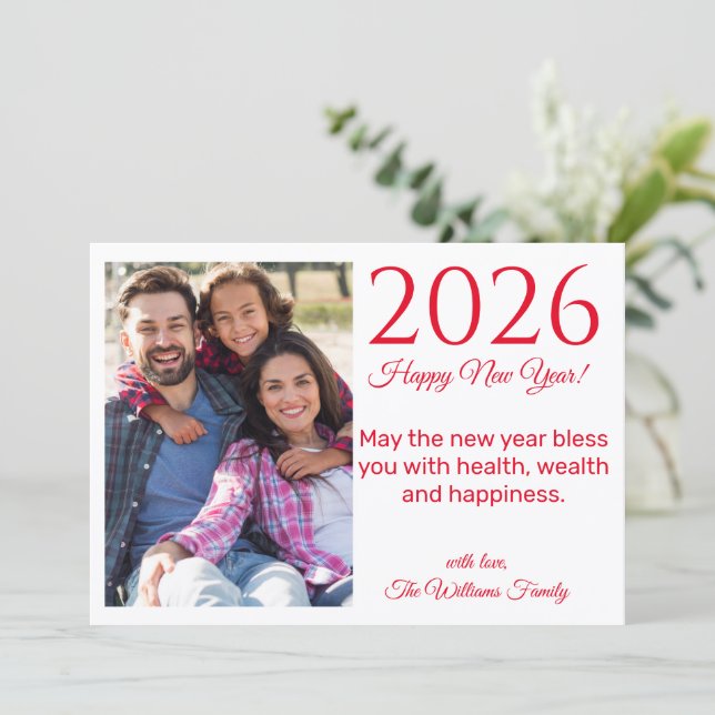 Tarjeta Pequeña 2025 feliz año nuevo, guión rojo, foto de vacacion (Anverso de pie)