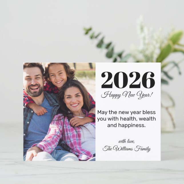 Tarjeta Pequeña 2026 feliz año nuevo, escritura moderna, foto de v (Anverso de pie)
