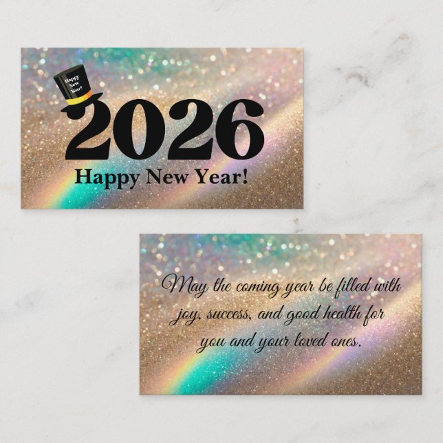 Tarjeta Pequeña 2026 feliz año nuevo, gorras divertidos purpurinas (Anverso / Reverso)
