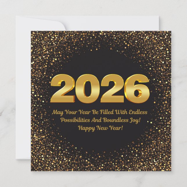 Tarjeta Pequeña 2026 feliz año nuevo, purpurinas de oro negro lujo (Anverso)