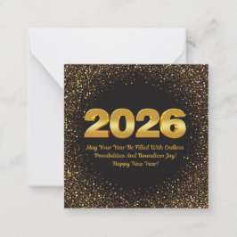 Tarjeta Pequeña 2026 feliz año nuevo, purpurinas de oro negro lujo