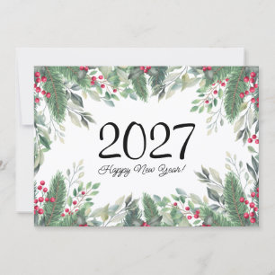 Tarjeta Pequeña 2027,¡Feliz año nuevo!verdor festivo bayas rojas