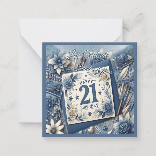Tarjeta Pequeña 21 cumpleaños Almond flor crema azul (Anverso)